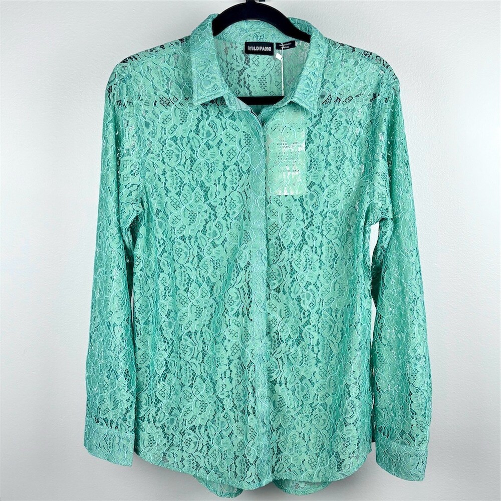 Wildfang Button-Up Shirt Sea Foam Green Lace Sheer Long Sleeve- NWT - Picture 2 of 6